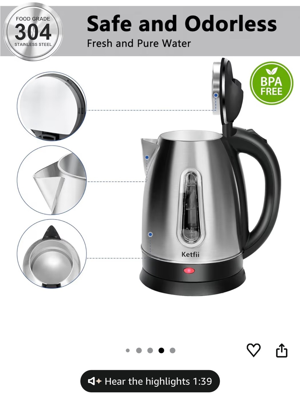 *2538* “7x10” Ketfii Stainless Steel Electric Kettle - Silver & Black - Picture 7 of 16